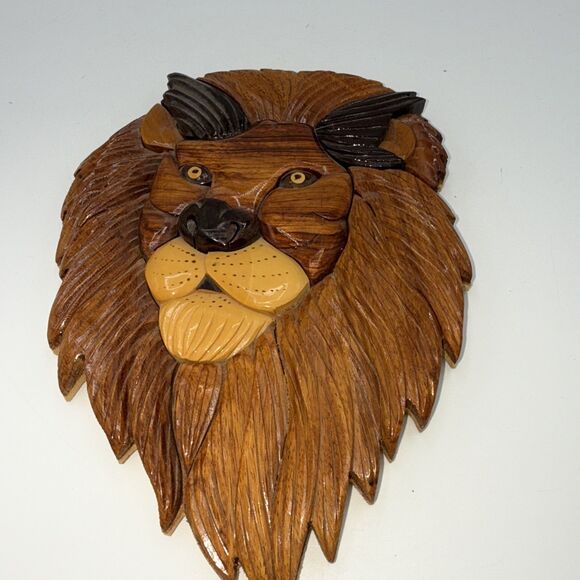 Intarsia Wood Handcrafted Lion Wall Art Hanging Plaque King Of The Jungle 9” - Picture 8 of 13